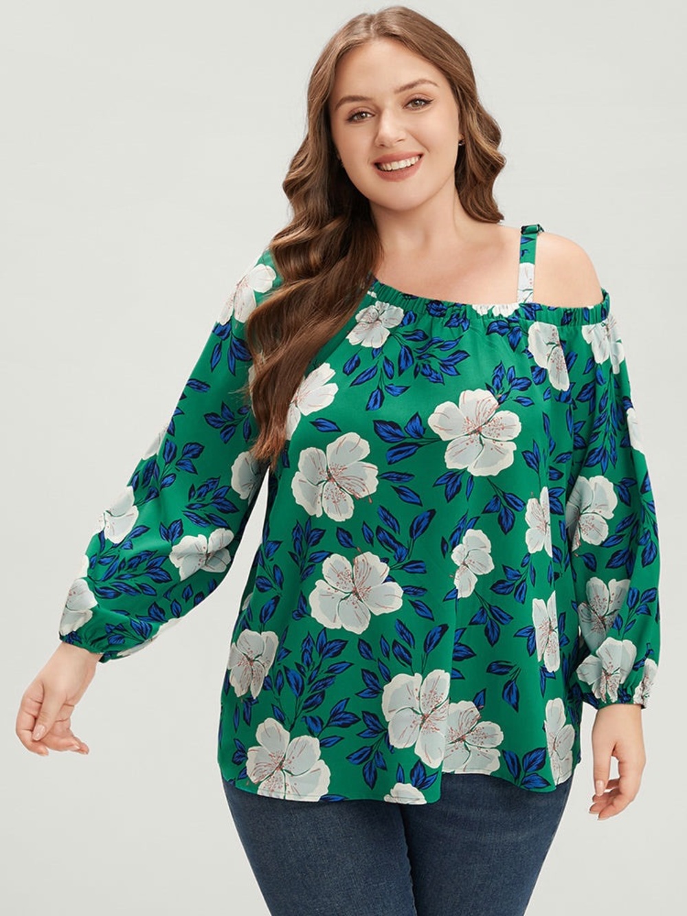BloomChic Emerald Floral Lantern Sleeve Adjustable Straps One Shoulder Blouse
